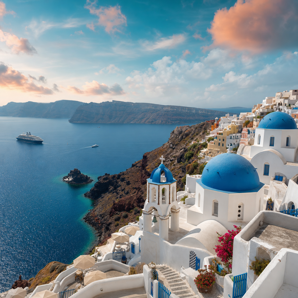 Whitewashed cliff village above a deep blue caldera