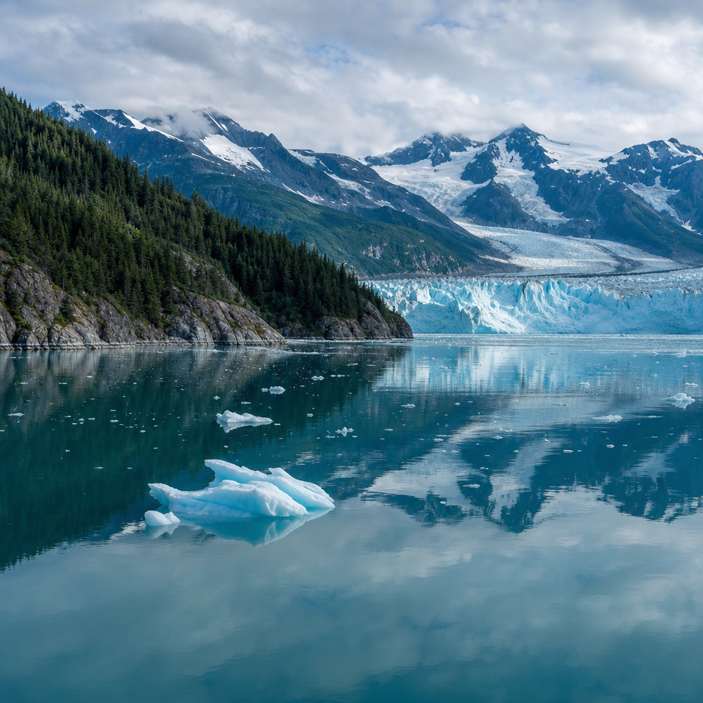Glacier bay with icebergs and forested mountains