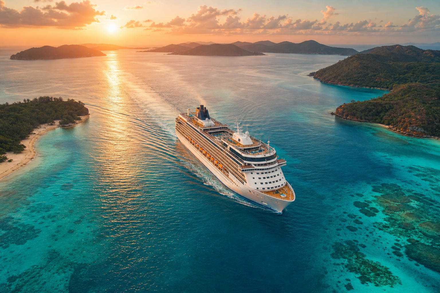 Cruise ship sailing through turquoise tropical waters at sunset